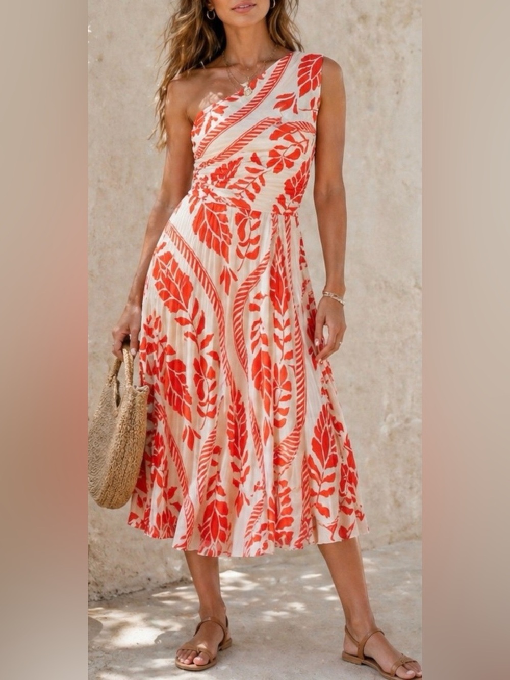 NWT H&M Orange leaf print pleated one shoulder midi dress, Size XL